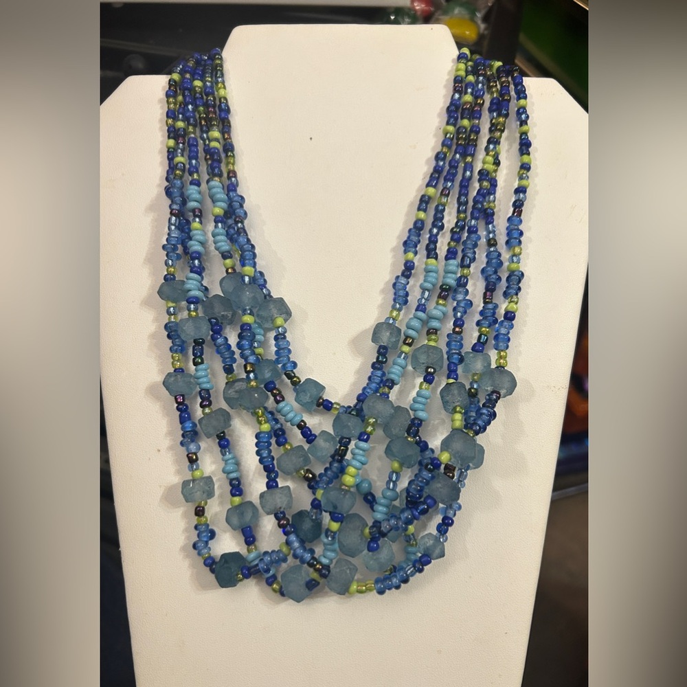 Impressive Multi Strand Sea Glass & Bead Statement Style necklace Colors of Blue